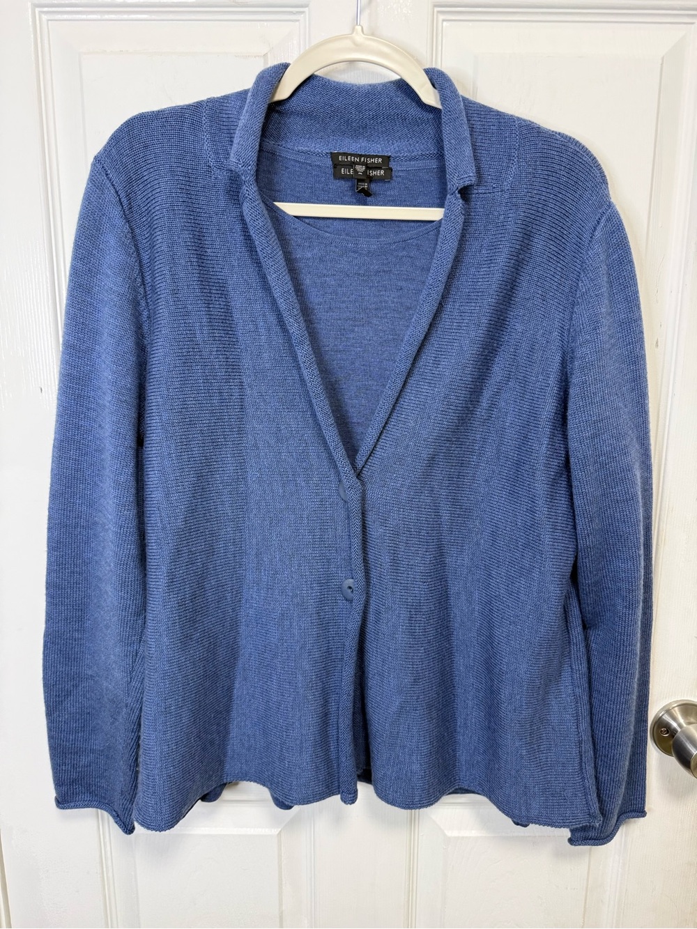 Eileen Fisher Dusty Blue Single-Button V-Neck Cardigan 100%MerinoWool